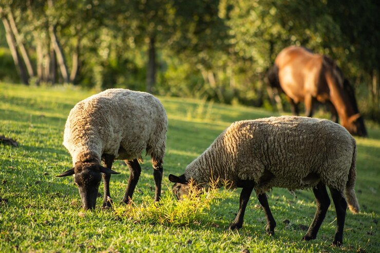 Foto ovejas comiendo hierba del campo