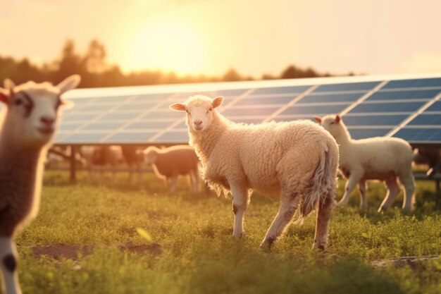 Ovejas y corderos en campo verde con paneles solares al atardecer