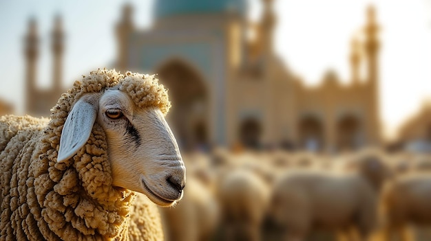 ovejas domésticas de pie frente a una gran mezquita Feliz EidalAdha Fiesta del Sacrificio Saludo