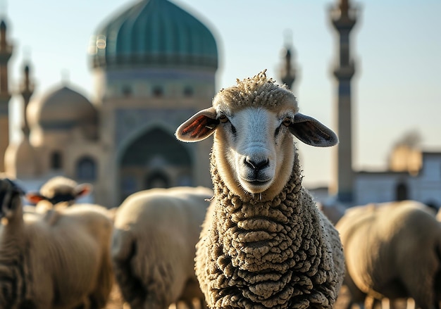 ovejas domésticas de pie frente a una gran mezquita Feliz EidalAdha Fiesta del Sacrificio Saludo