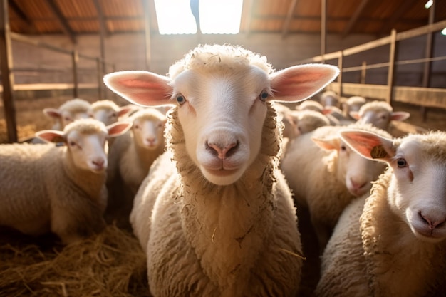 Las ovejas en el establo en una tranquila granja de ovejas que representan la tranquilidad rural y las escenas pastorales