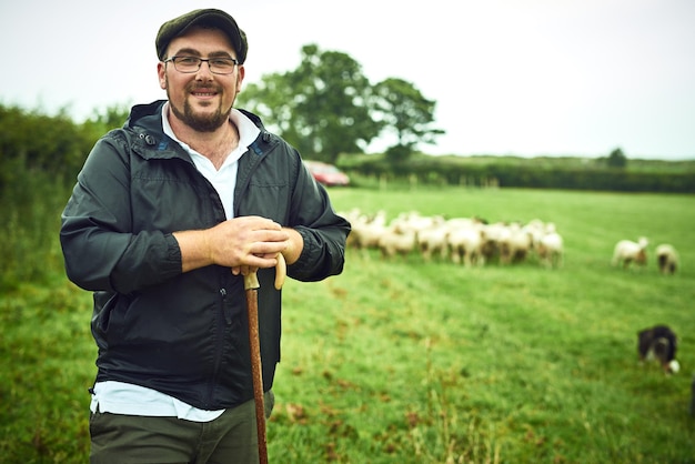 Las ovejas están fuera de casa Retrato de un joven agricultor alegre de pie con un bastón mientras un rebaño de ovejas pasta en el fondo en un campo abierto