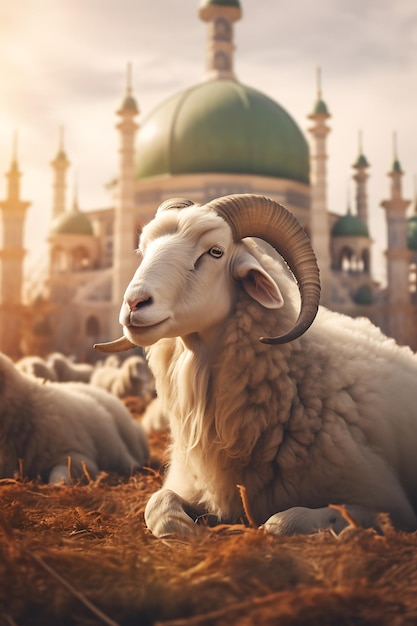 ovejas en la hierba fuera de la mezquita islámica