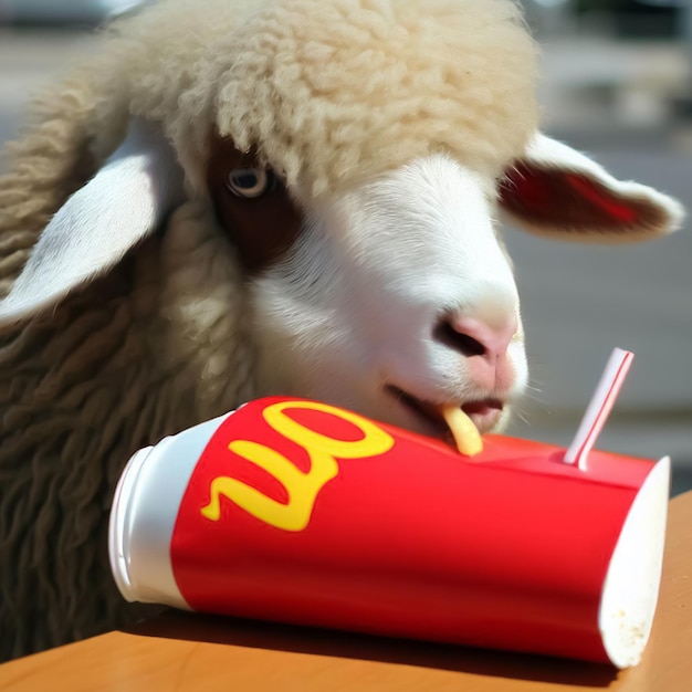 Ovejas masticando una copa de mcdonald's con una pajita.