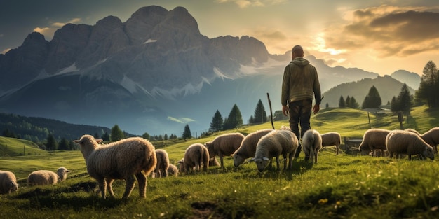 Las ovejas pastan en un pasto contra el telón de fondo de las montañas IA generativa