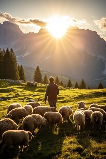 Foto las ovejas pastan en un pasto contra el telón de fondo de las montañas ia generativa