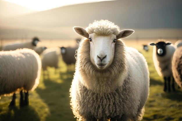 Las ovejas pastan los pastos en la montaña Rebaño de ovejas y corderos pastando hierba en un día nublado AI Generation
