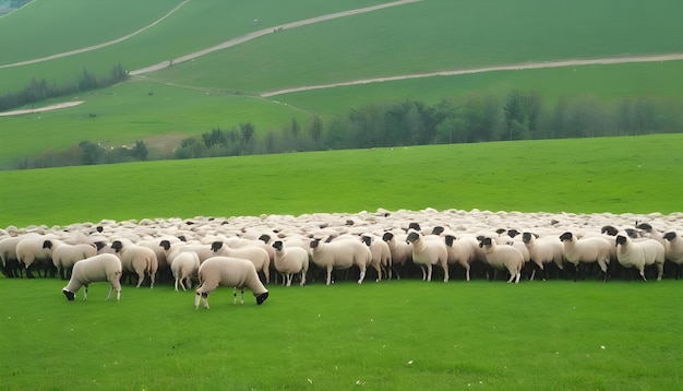 Las ovejas pastando en los campos verdes