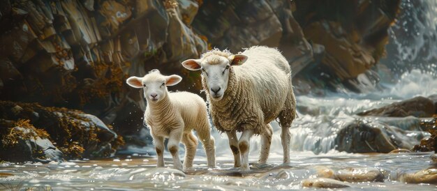 Foto las ovejas de pie en el río en llangrannog, gales