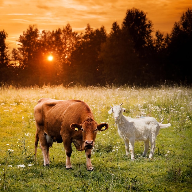 OVEJAS Y VACAS EN HIERBAS EN SUNSET SQUARE