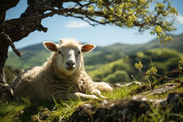 Ovelha branca descansando em campo florido sob árvore IA generativa