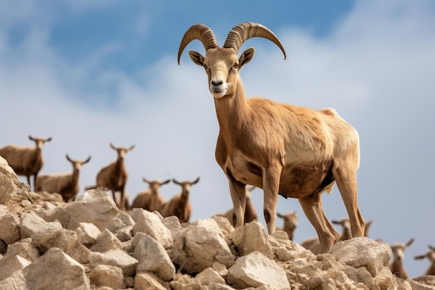 Ovelha de Barbary Ovis aries na Andaluzia Espanha Ovelha de Barbary Capra ibex na encosta de uma montanha AI Gerada