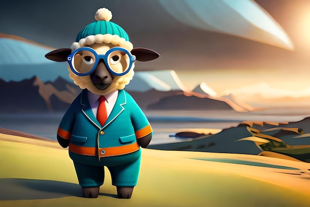 ovelha de desenho animado 3d vestindo roupas óculos chapéu e jaqueta