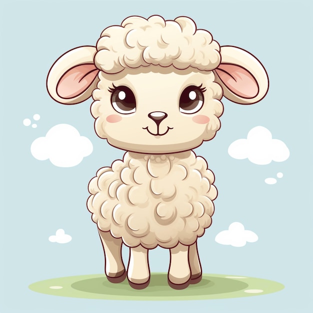 ovelha de desenho animado em pé na grama com nuvens ao fundo IA generativa