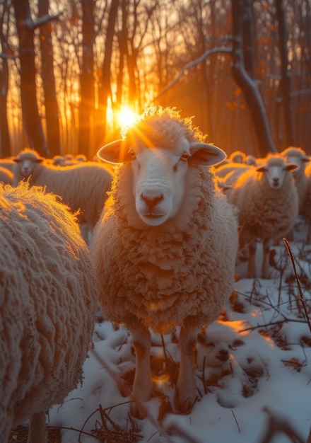 Foto ovelhas a pastar na neve ao pôr-do-sol