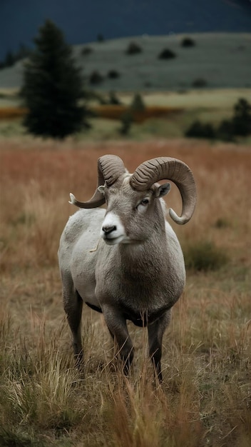 Ovelhas adultas de corno grande em um campo