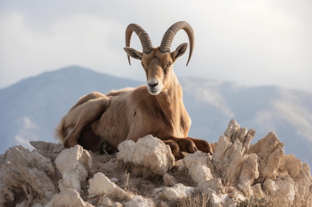 Ovelhas bárbaras Ovis aries sentadas em uma rocha Uma ovelha bárbara Capra ibex na encosta de uma montanha AI Gerado