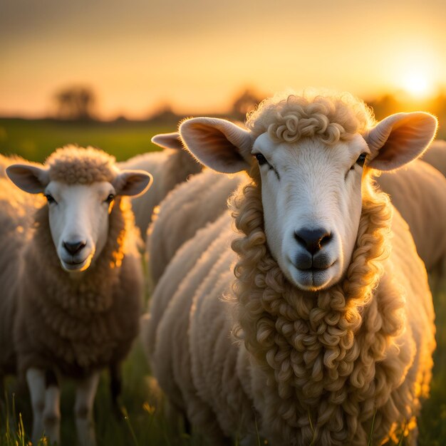 Foto ovelhas bonitas a pastar num prado verde sob o brilho dourado do pôr-do-sol