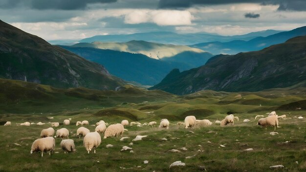 Foto ovelhas brancas nos vales verdes dos cárpatos