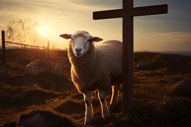 Foto ovelhas com cruz no fundo ao pôr do sol