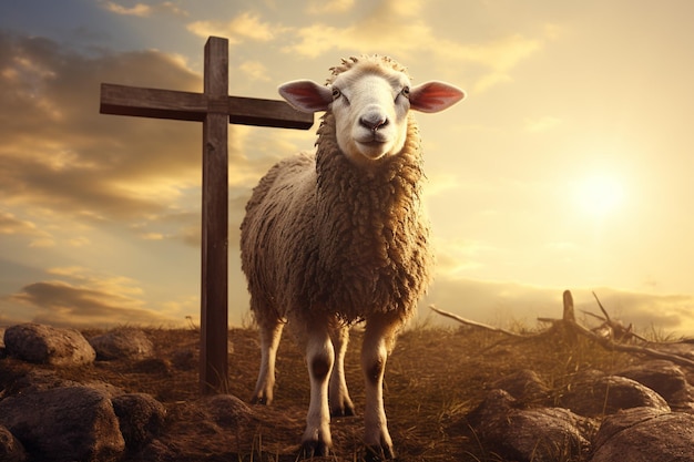 Foto ovelhas com cruz no fundo ao pôr do sol
