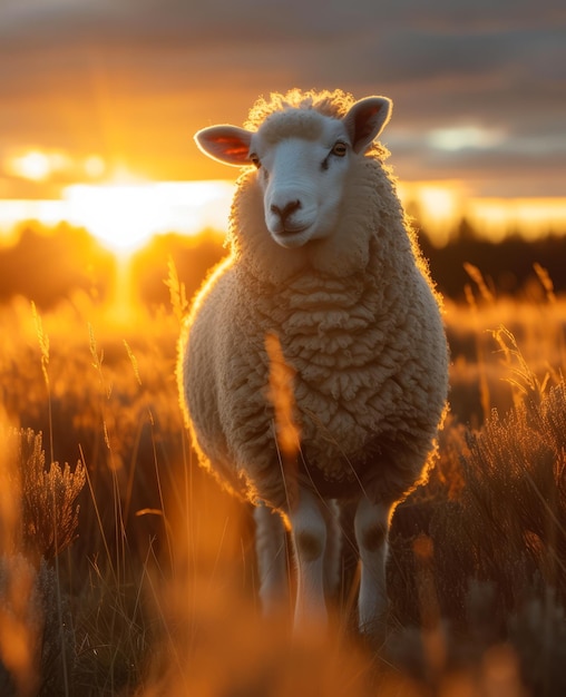 Foto ovelhas de pé no campo ao pôr-do-sol