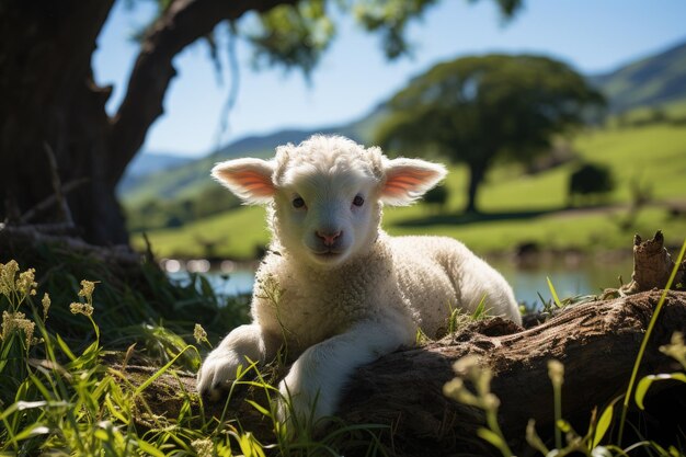 Ovelhas descansam no campo verde sob a árvore IA generativa do sol ensolarado