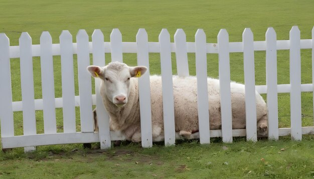 Ovelhas descansando dentro de uma cerca de madeira branca em uma fazenda