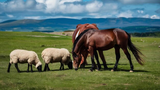 Ovelhas e cavalos pastando juntos em uma grama verde