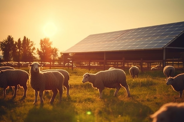 Foto ovelhas e cordeiros em campo verde com painéis solares ao pôr do sol