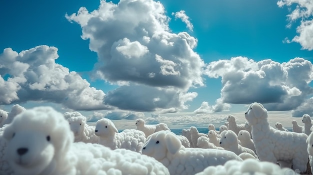 Ovelhas em um campo com nuvens e céu azul