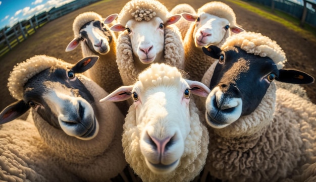 Ovelhas engraçadas tiram uma selfie na fazenda generativa ai