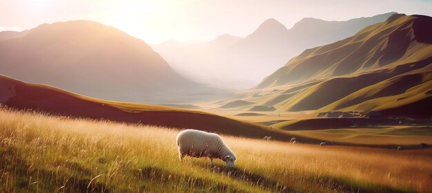 Foto ovelhas jovens pastam no prado na primavera contra o pano de fundo das montanhas