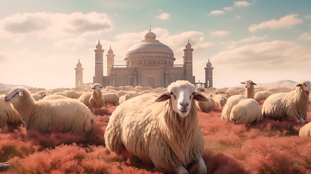 ovelhas na frente de uma antiga mesquita
