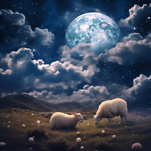 Ovelhas no prado sob a luz da lua renderização 3D