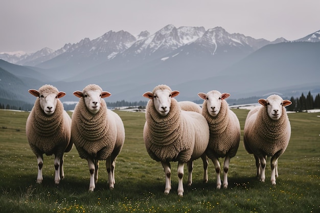 Ovelhas pastando em prados alpinos e unidades com natureza montanhosa Generative AI