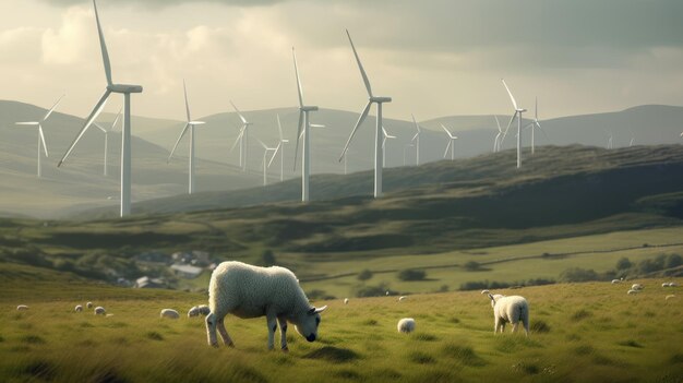 Ovelhas pastando perto de turbinas eólicas na montanha Generative AI