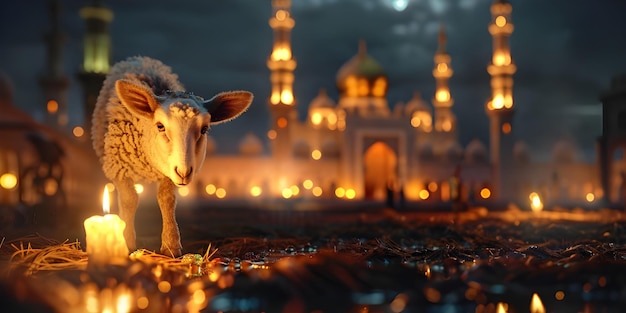 Foto ovelhas pastando perto de uma mesquita fundo cenário de mesquita com ovelhas em primeiro plano ai gerado