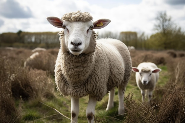 Ovelhas Texelaar pastando em um campo de pastagem com um cordeiro observando a Holanda