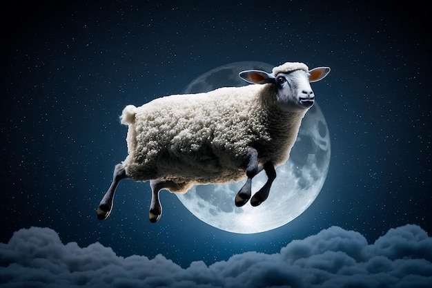 Ovelhas voando contra o fundo da lua no céu estrelado da noite Concerto dos sonhos sonhadores das crianças Ilustração generativa de IA