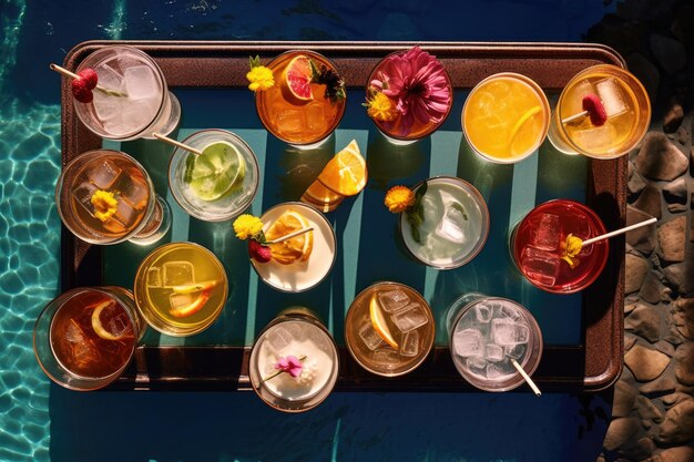 Foto overhead-aufnahme verschiedener cocktails auf einem tablett am pool, erstellt mit generativer ki