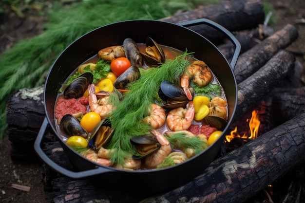 Overhead-Aufnahme von Cioppino in einem gusseisernen Topf am Lagerfeuer, erstellt mit generativer KI