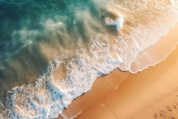 Overhead-Aufnahme von Meereswellen mit sauberem Strandsand und Sonnenlicht im Hintergrund