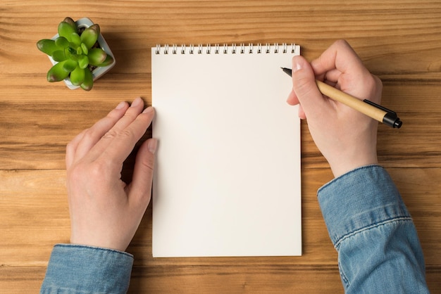 Overhead-Foto von leeren Notizblockhänden mit Stift und Blumentopf isoliert auf Holzhintergrund