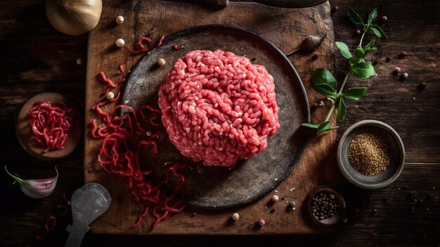 Overhead-Shooting von frischem rohem Rindfleisch Hackfleisch auf dunklem Holzbrett Konzept für gesunde Lebensmittelzutaten mit Kopierraum