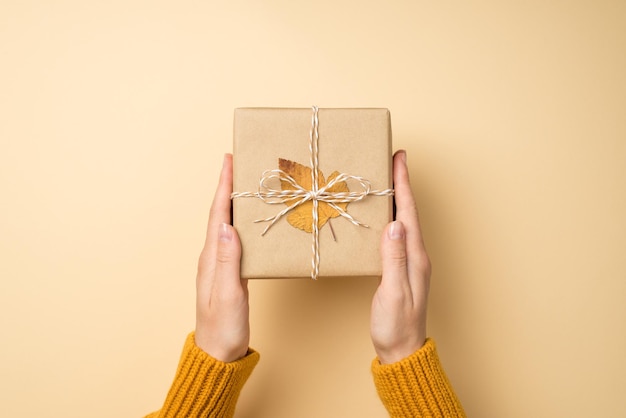 Overhead über Egoperspektive Foto der Hand eines Mädchens, die eine gepackte Geschenkbox mit blattisoliertem, pastellfarbenem Hintergrund hält