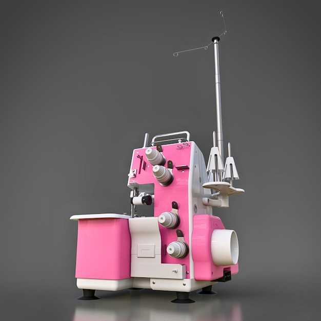 Foto overloque rosa sobre fundo cinza. equipamentos para produção de costura. costura de roupas e têxteis. ilustração 3d.