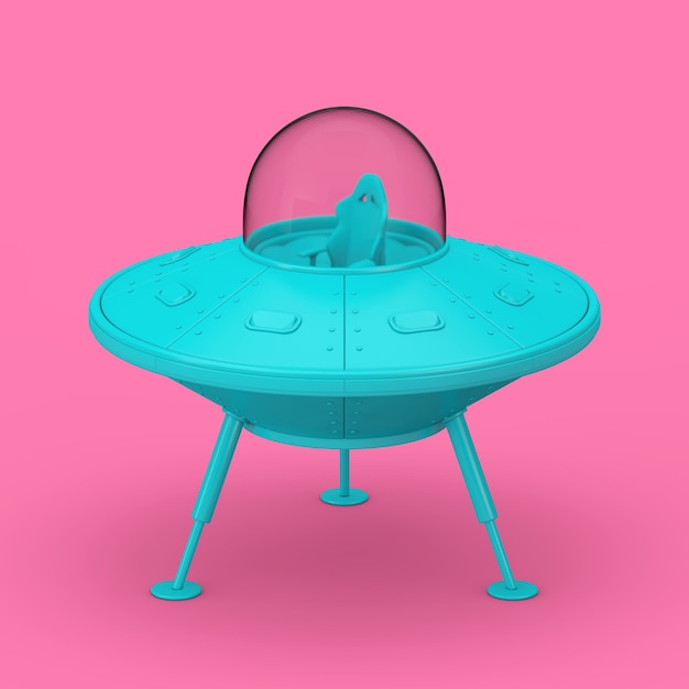 Ovni de dibujos animados de nave espacial azul lindo en estilo Duotone sobre un fondo rosa. Representación 3D