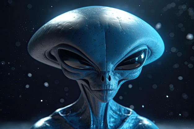 OVNI extraterrestre en un espacio azul con estrellas sobre su cabeza contra un fondo azul borroso IA generativa