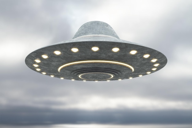 OVNI gris creativo volando en un cielo borroso y aburrido con un lugar de maqueta Nave espacial y concepto científico Representación 3D